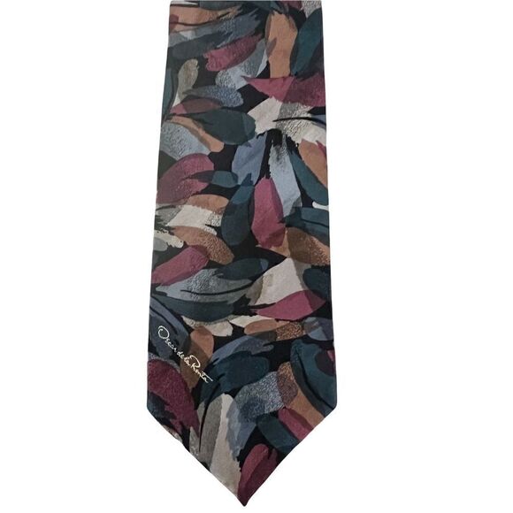 Vintage Oscar de la Renta Poly Silk Blend Tie Abstract Brushstrokes 80’s Retro - Picture 1 of 3